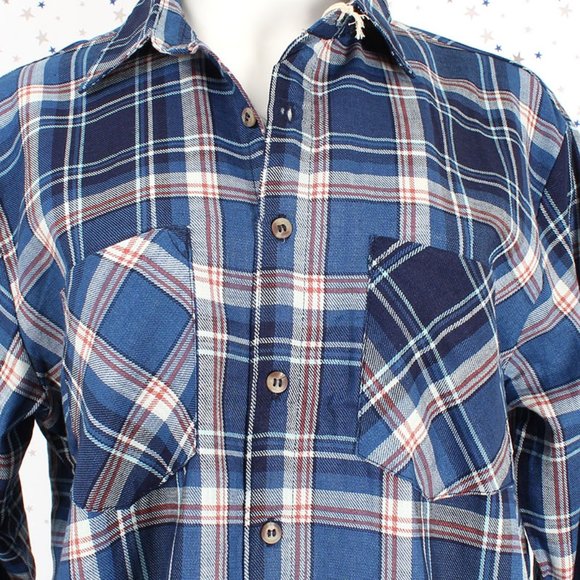 Boyfriend Plaid Shirt Button Up Navy Blue One Size - Picture 4 of 6